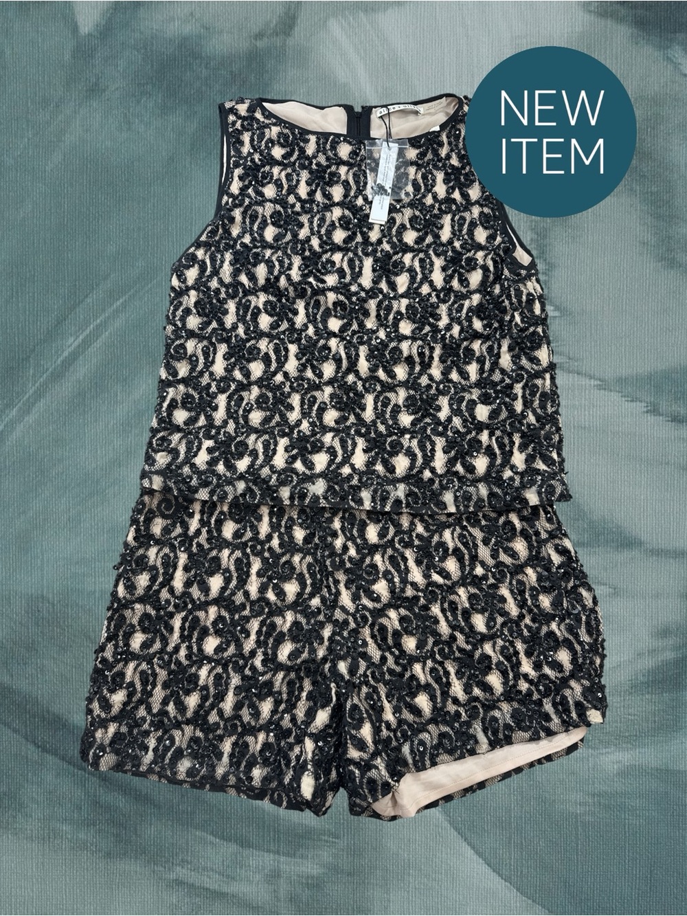 Alice + Olivia Black Beaded Lace Overlay Shorts Set